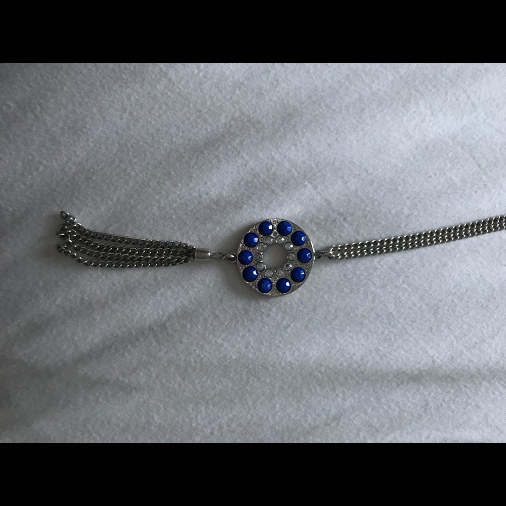 silver and blue necklace